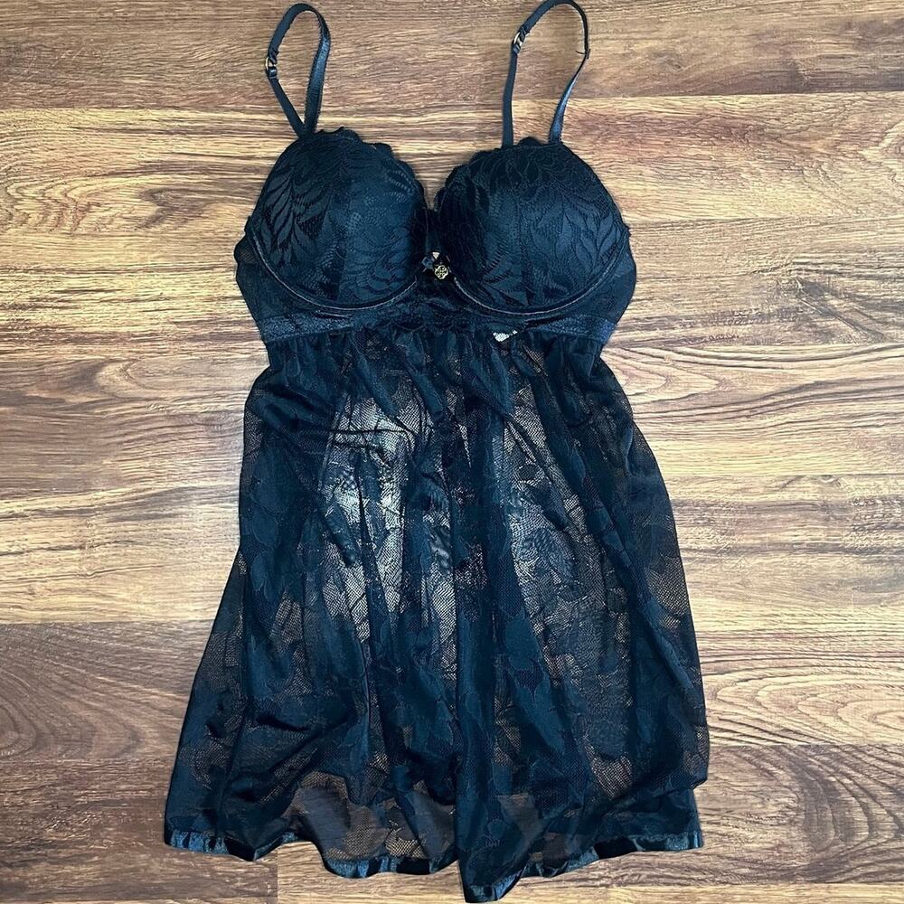NEW Daisy Fuentes Sexy Babydoll Mesh Lace Push Up Adjustable Black M